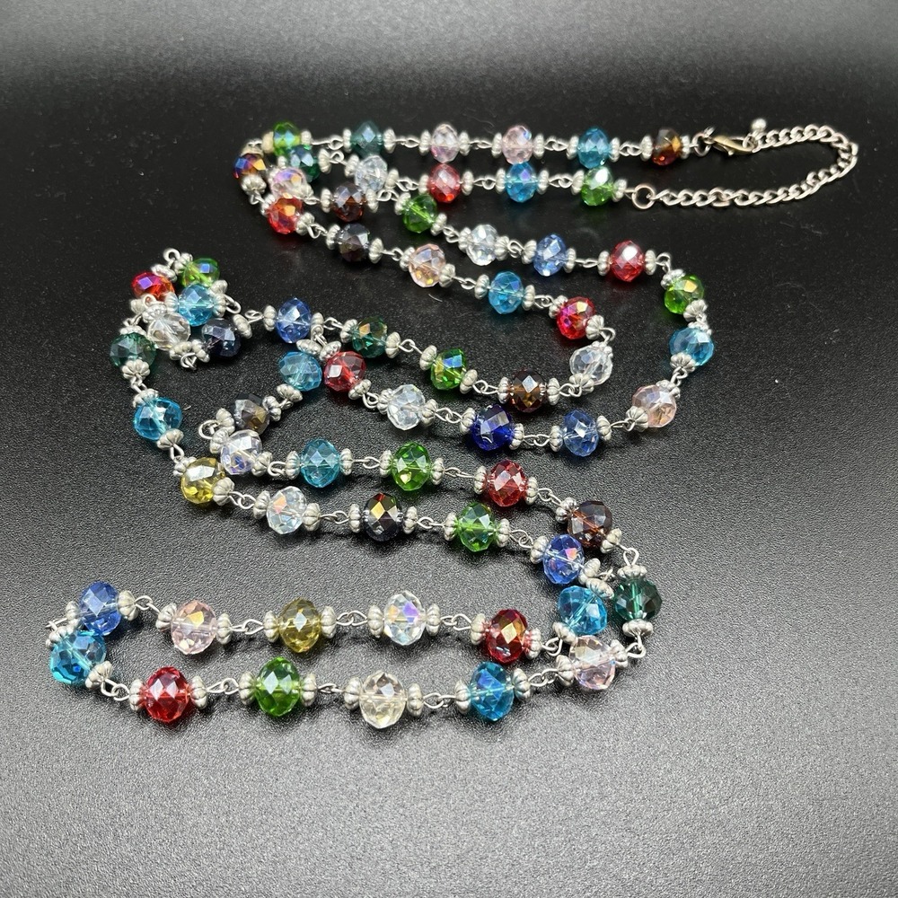 Vintage Premier Designs Rainbow Jubilee Multicolor Faceted Glass AB Necklace 52"